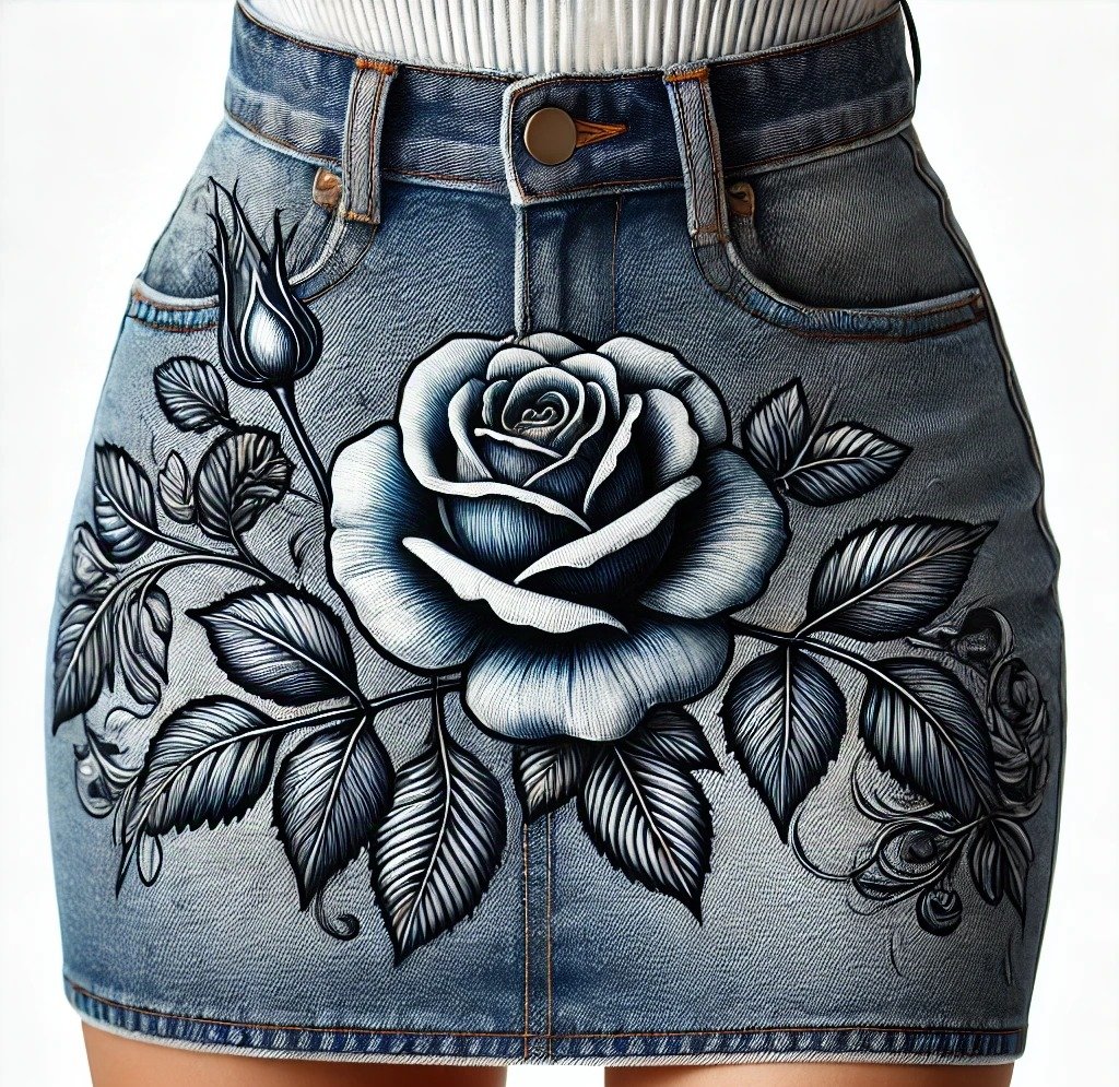 Naturaleza viva, falda denim pintada a mano byMIRENE.